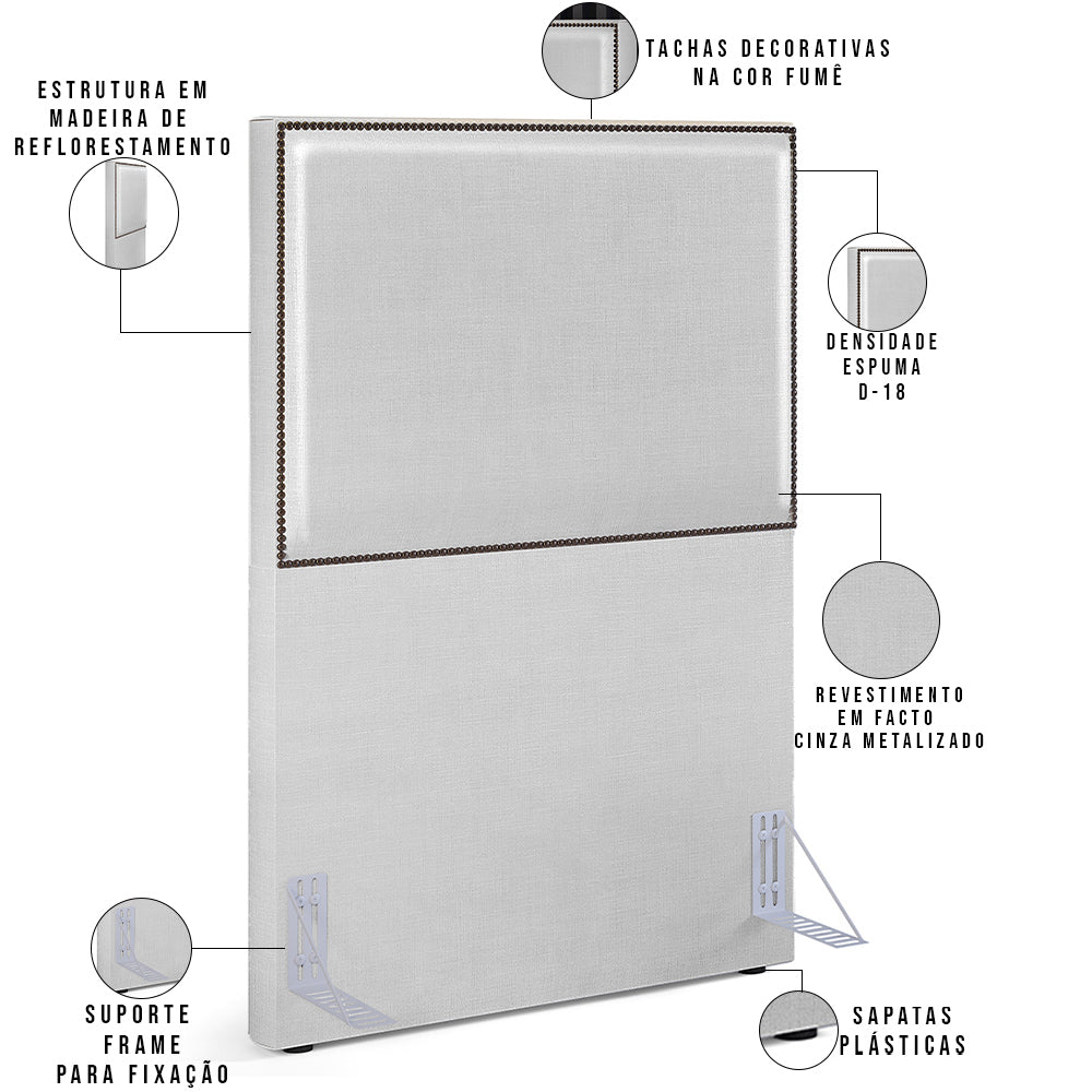Cabeceira Box Solteiro Com Tachas 100 cm Vicenza L02 Facto Cinza Metalizado