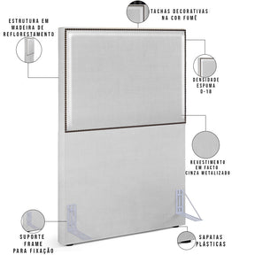 Cabeceira Box Solteiro Com Tachas 100 cm Vicenza L02 Facto Cinza Metalizado